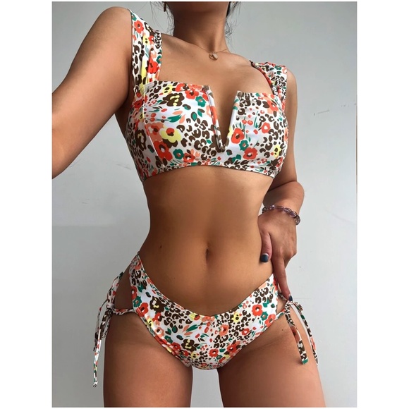 Boho Floral leopard Print Tie Side Bikini Beach Swim - Picture 5 of 6